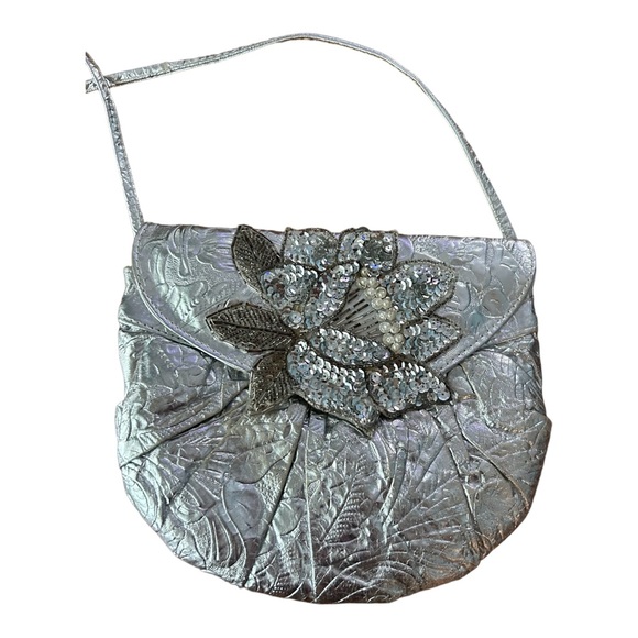 VTG 80s Silver Metallic Textured Purse Pocketbook Sequin Floral Applique NYE … - Picture 9 of 14
